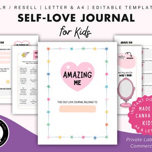 Self Love Journal voor kinderen, PLR doorverkopen, bewerkbare sjabloon, canvas, activiteitenwerkboek, afdrukbare pdf, direct downloaden, commercieel gebruik