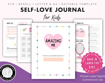Self Love Journal voor kinderen, PLR doorverkopen, bewerkbare sjabloon, canvas, activiteitenwerkboek, afdrukbare pdf, direct downloaden, commercieel gebruik