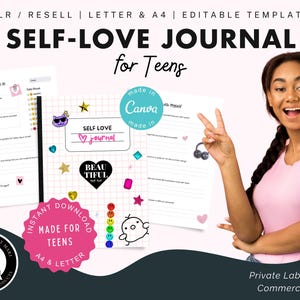 Dziennik miłości do siebie dla nastolatków, sprzedaż detaliczna PLR, edytowalny szablon, Canva, pisanie kierowane, dziennik samoopieki, dziennik zdrowia psychicznego, wykorzystanie komercyjne