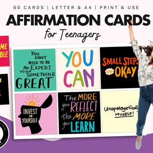 60 Affirmation cards for Teens, Positivity, Coping Skills, Calming, Grounding, Encouragement, Mental Health, SEL, Printable Cards, Teenager