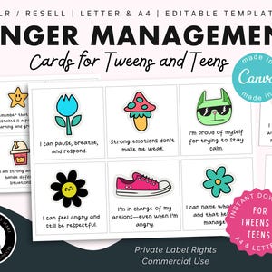 Anger Management Cards for Teens, PLR Resell, Editable Template, Canva, Emotional Regulation tool, SEL, Emotional Intelligence, Printable