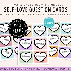 Zelfliefdekaarten voor tieners, commercieel gebruik, afdrukbare en bewerkbare sjabloon, schrijven met instructies, gesprek, geestelijke gezondheid tiener, PLR doorverkopen