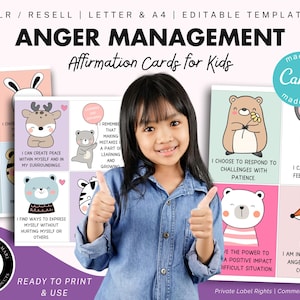 Wutbewältigungskarten für Kinder, PLR, Weiterverkauf, bearbeitbare Vorlage, beruhigende Anweisungen für Kinder, Affirmationen, Emotionsregulierung, SEL