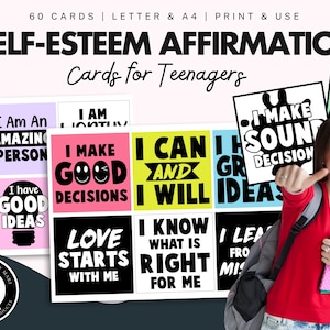 60 Cartões de Afirmação de Autoestima para Adolescentes, Cartões de Positividade, Habilidades de Enfrentamento, Ansiedade, Encorajamento, Saúde Mental, Amor-Próprio, Inspiração, SEL