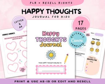 Happy Thoughts Activity Journal for Kids, Gratitude Workbook for Children (Printable, Editable Template, PLR)