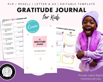 Gratitude Journal for Kids, Simple prompts, Editable Template, Canva, SEL Worksheet, Activity Workbook, Commercial Use, PLR Resell, PDF