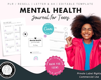 Teen Mental Health Journal with prompts, PLR Resell, Editable Template, Canva, PDF, Instant Download,  Activity Workbook, Commercial use