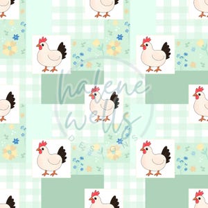May include: A seamless pattern featuring white chickens with red combs and black eyes on a green and white gingham background. The chickens are surrounded by small yellow and blue flowers.