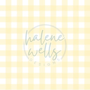 May include: A yellow and white gingham pattern with the text "halene wells designs" in a circle.