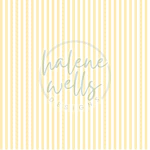 Könnte beinhalten: Ein gelber und weißer gestreifter Hintergrund mit einem Kreis in der Mitte. Der Kreis enthält den Text "halene wells designs" in hellblauer Schrift.