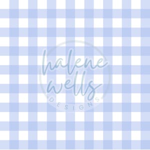 May include: A seamless pattern of alternating blue and white squares, creating a gingham design. The pattern is repeated throughout the image. The text "halene wells designs" is centered in a circle on the image.