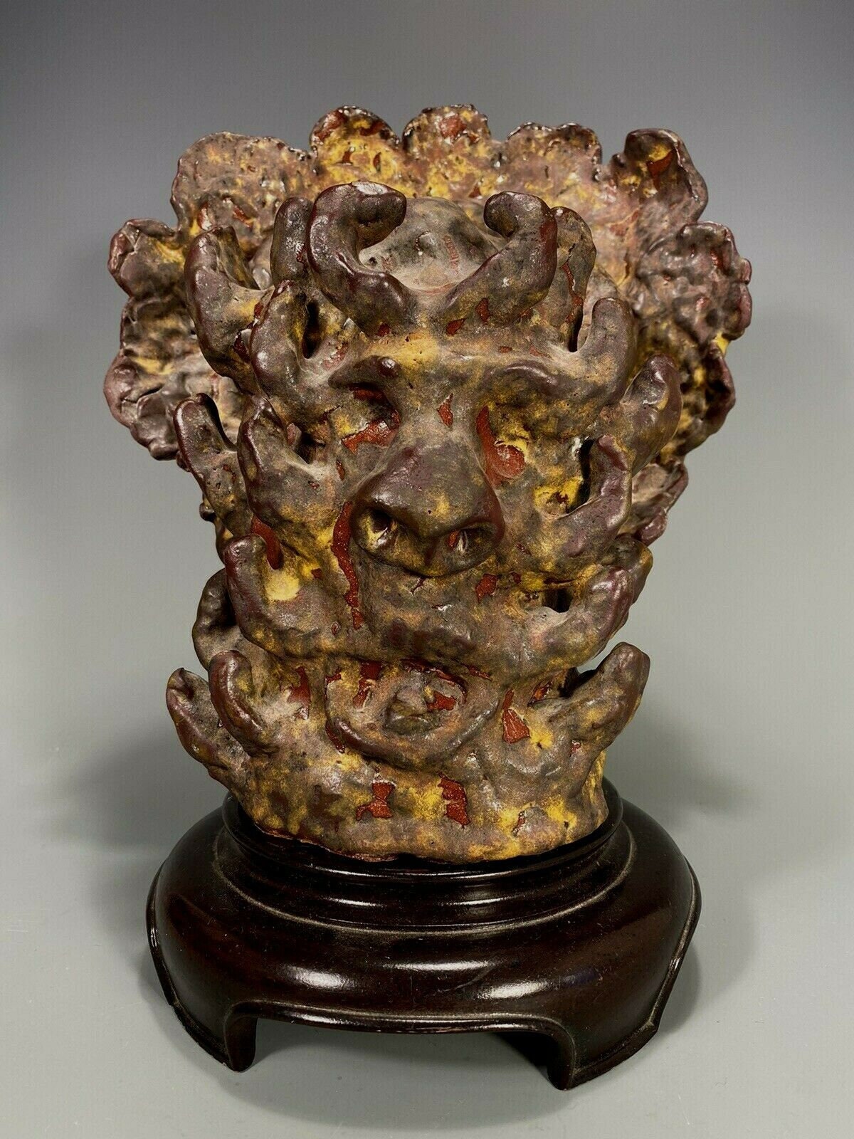 Folk Art Devil Multi Horned Deity Monster Polychrome Pottery Head ca. 20th c.