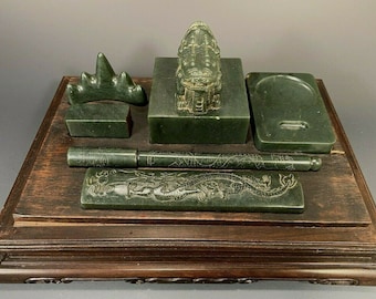 Very Fine Rare China Chinese Jade Scholars Calligraphy Set & Two Seal ca. 1930