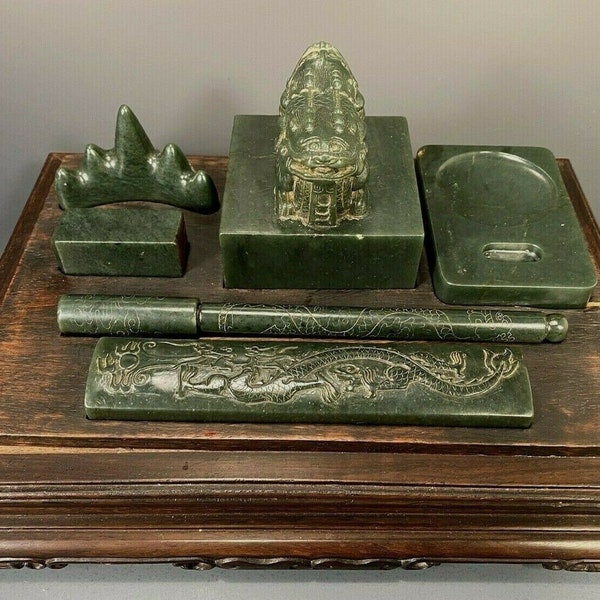 Very Fine Rare China Chinese Jade Scholars Calligraphy Set & Two Seal ca. 1930