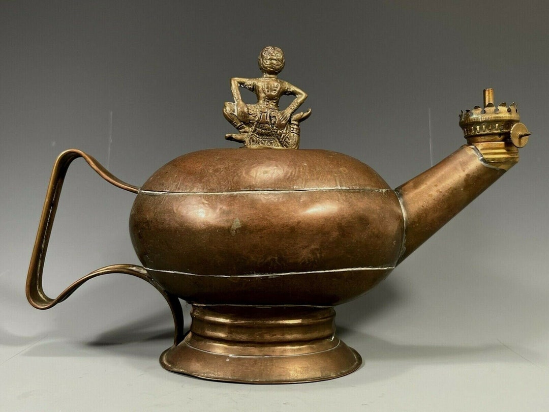 Monumental Nepal Nepalese Mixed Metal Oil Lamp W Figural Lid