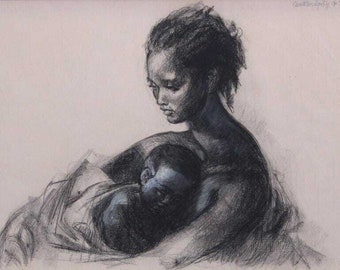 Peru Peruvian/American Charcoal Paper Mother's Portrait by David Herskovitz