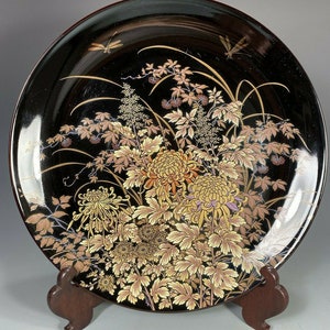 Shibata Tenmoku-Kiku Japan Black Porcelain Charger w Dragonflies Flower Design