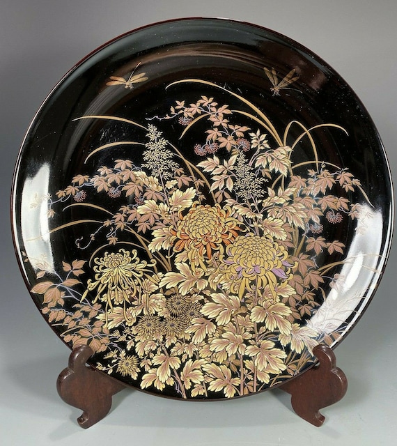 柴田天目菊 日本製 黒磁器 トンボ花文様 大皿 - Etsy 日本