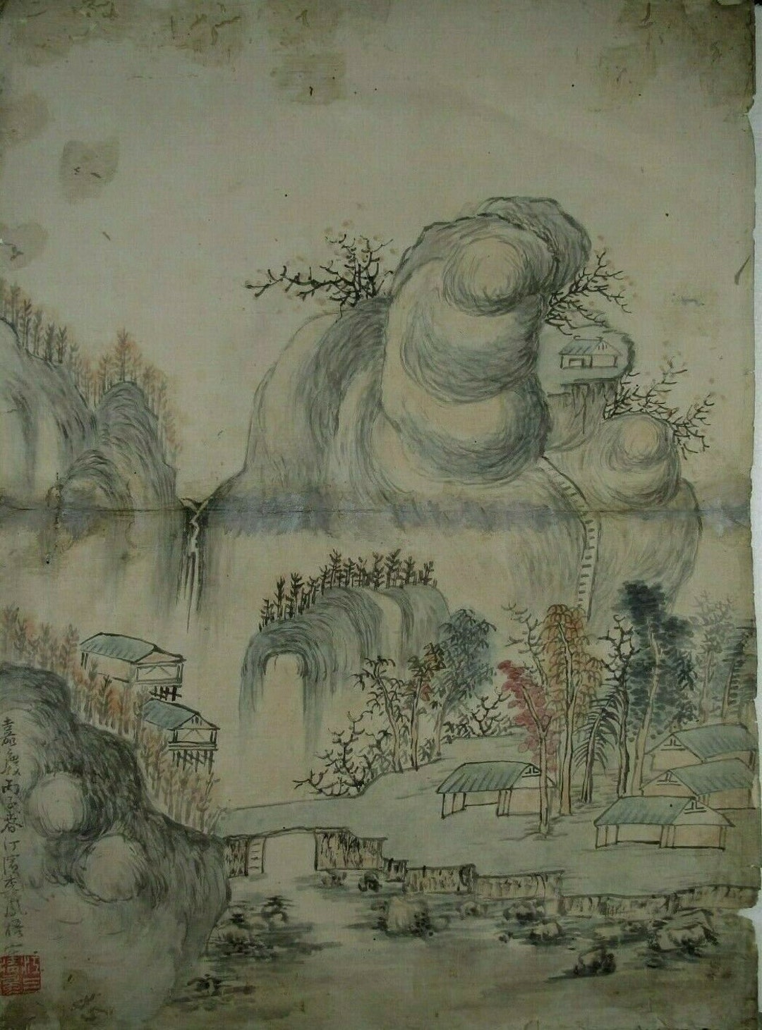 中国 紙に描かれた山水画 清代嘉慶1816年 - Etsy 日本