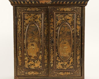Fine China Chinese Small Parcel Gilt Black Lacquer Cabinet Qing Dynasty ca. 1900