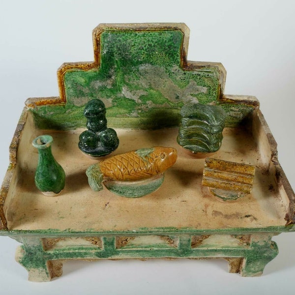 China Chinese Polychrome Pottery Offering Table 5 Offerings Ming Dynasty 16th C