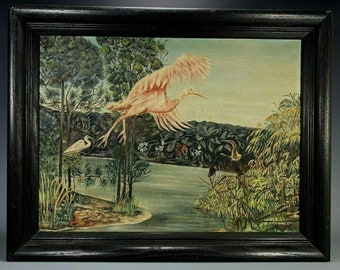 Sweden Swedish Oil on Board Flamingo Swamp Ingrid Rydbeck-Zuhr 1905 - 2001