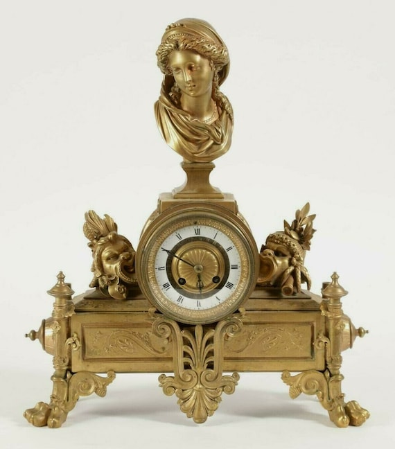 French Charpentier Gilt Bronze Figural Mantel Clock W/ Image of