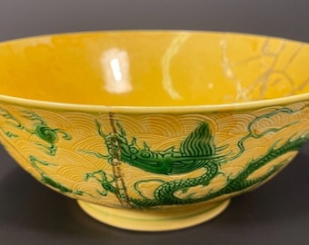 China Chinese Yellow Bowl Green Dragon & Pearls Chenghua 1465-1487 mark Kintsugi