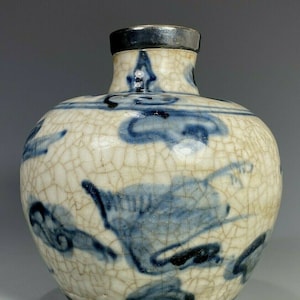 China Chinese Blue & White Porcelain Vessel w/ Sterling Silver Rim Qing ca. 1900