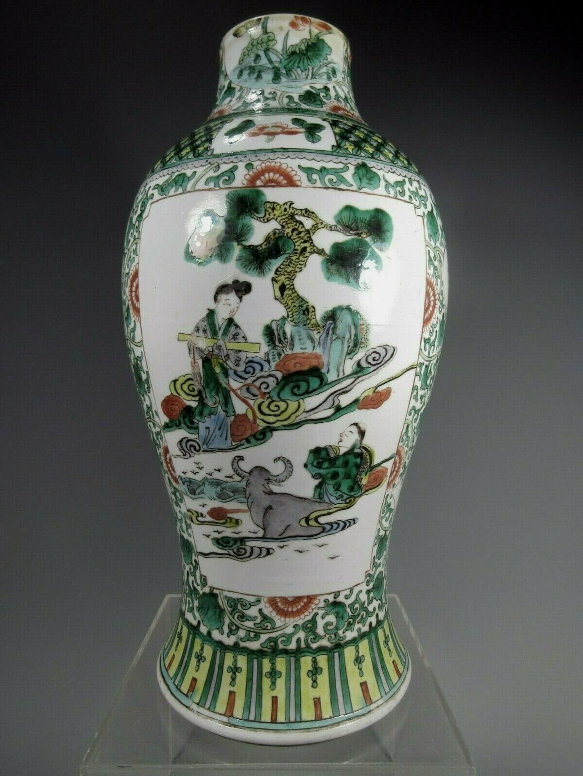 China Chinese Famille Verte Vase w/ Allover Intricate Decor Qing Dynasty ca 1900