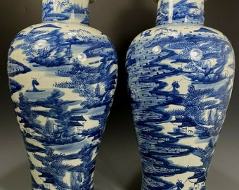 Rare Pair China Chinese Porcelain Blue & White Landscape Decor Vases ca. 19th c.
