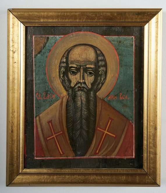 ロシア ロシアのイコン、聖ワシリイ、正教博士、板に油絵、20 世紀初頭