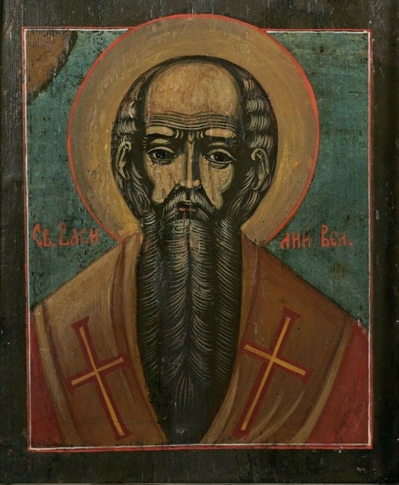 ロシア正教のイコン 手彫り ロシア ロシアのイコン、聖ワシリイ、正教博士、板に油絵、20 世紀初頭