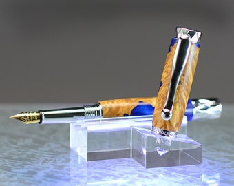 Chrome dye-cut Fountain Pen in Blue acylic and Maple burl