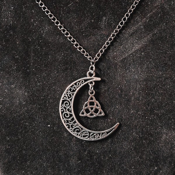 Moon Necklace, Silver Plated, Stainless Steel, Gothic Style Chain, Triquetra Pendant, Charm Accessory, Witch Jewellery, Wiccan Locket,