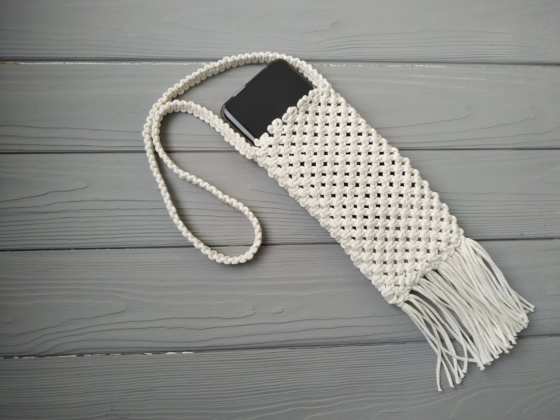 Beige Cell Phone Pouch Macrame Crossbody Bag Small Shoulder Etsy