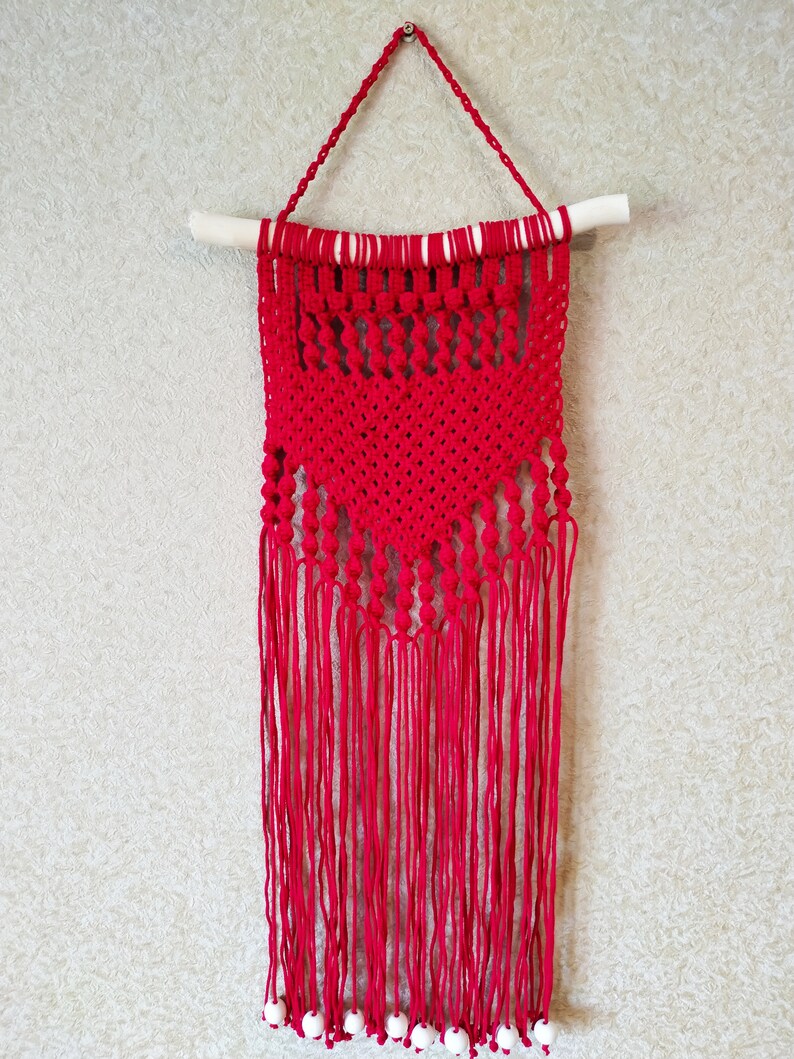 Macrame Red Wall Hanging with wood beads Eco Friendly 100 Etsy
