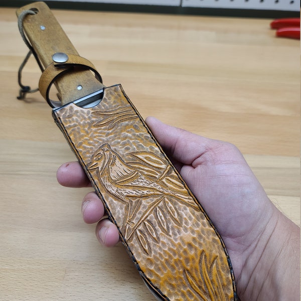 Tooled Leather Hori Hori Garden Knife Sheath - Bird 3 in Tan