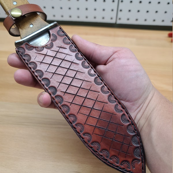 Tooled Leather Hori Hori Garden Knife Sheath - Crosshatch in Mahogany
