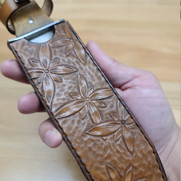 Tooled Leather Hori Hori Garden Knife Sheath - Flowers 5 in Briar Brown