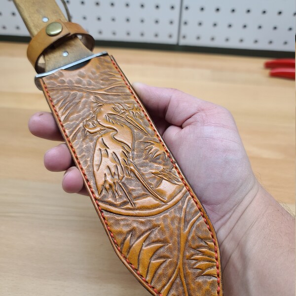 Tooled Leather Hori Hori Garden Knife Sheath - Bird 6 in Tan