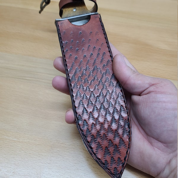 Tooled Leather Hori Hori Garden Knife Sheath - Forest in Mahogany