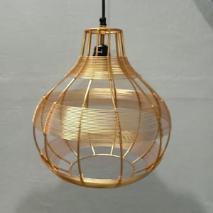 May include: A gold wire cage pendant light fixture with a black cord.