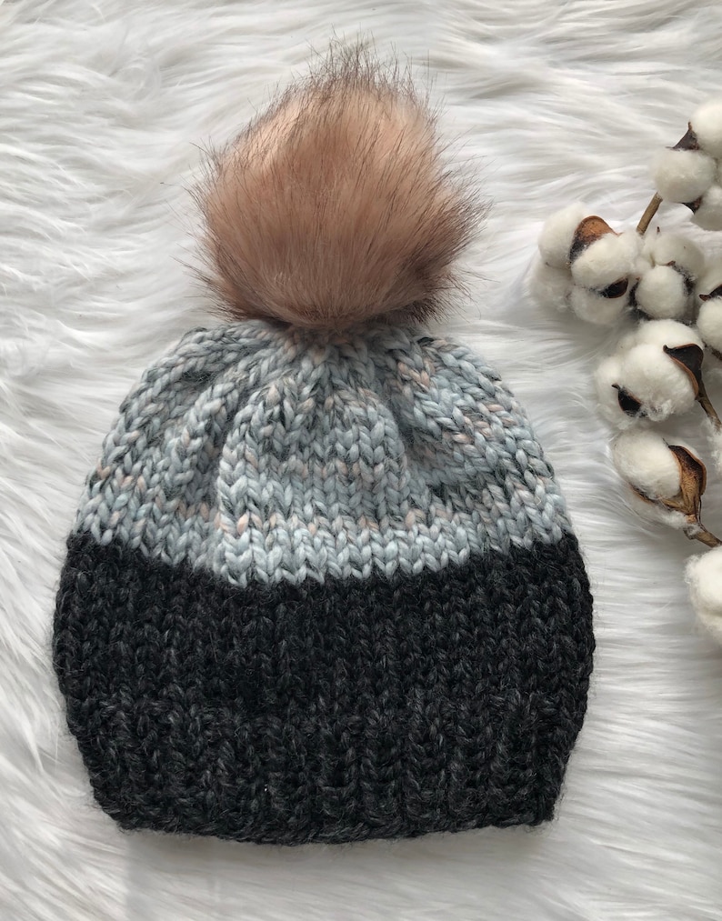 Winter Hat Hand Knit Beanie Knit Chunky Winter Hat Color Block Hand Knit Hat with Pom Hand Knit Hat Chunky Knit Hat Handmade