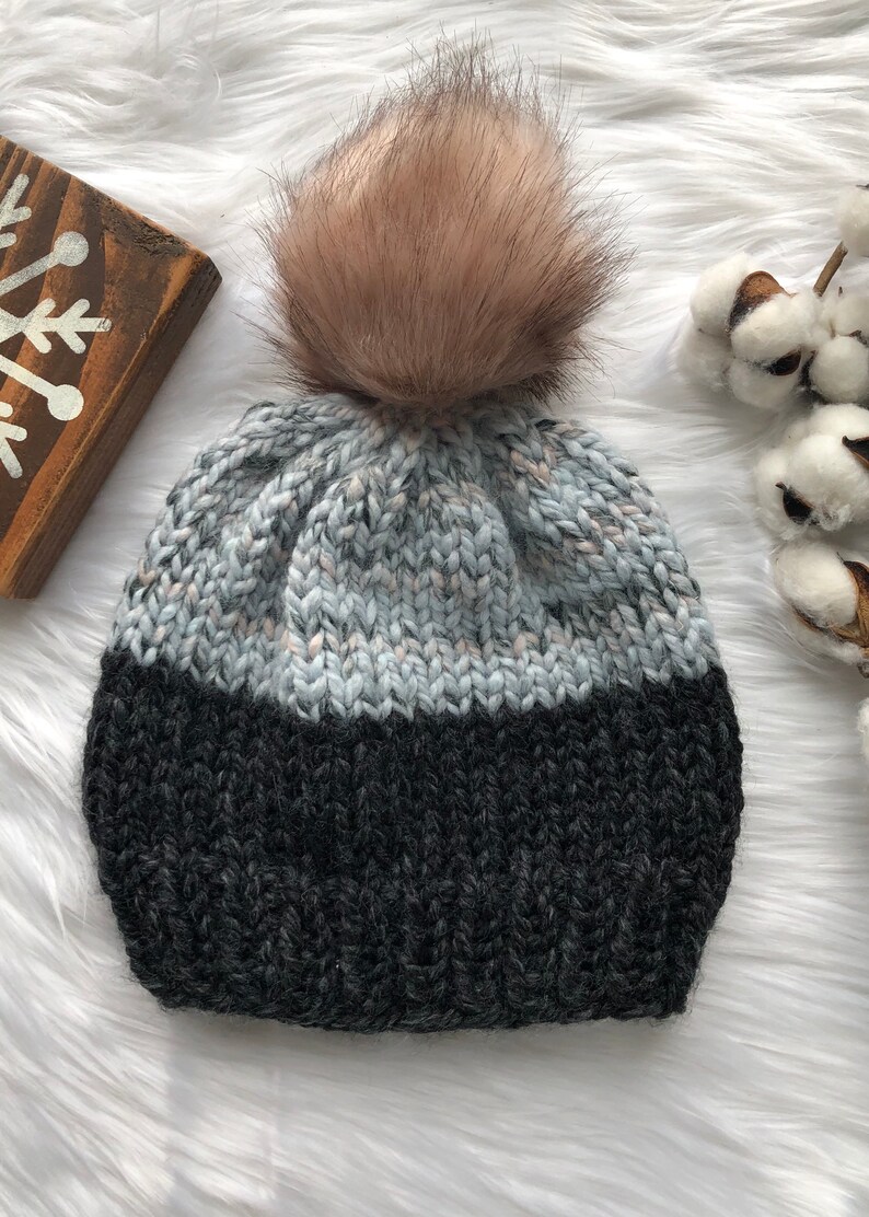 Winter Hat Hand Knit Beanie Knit Chunky Winter Hat Color Block Hand Knit Hat with Pom Hand Knit Hat Chunky Knit Hat Handmade