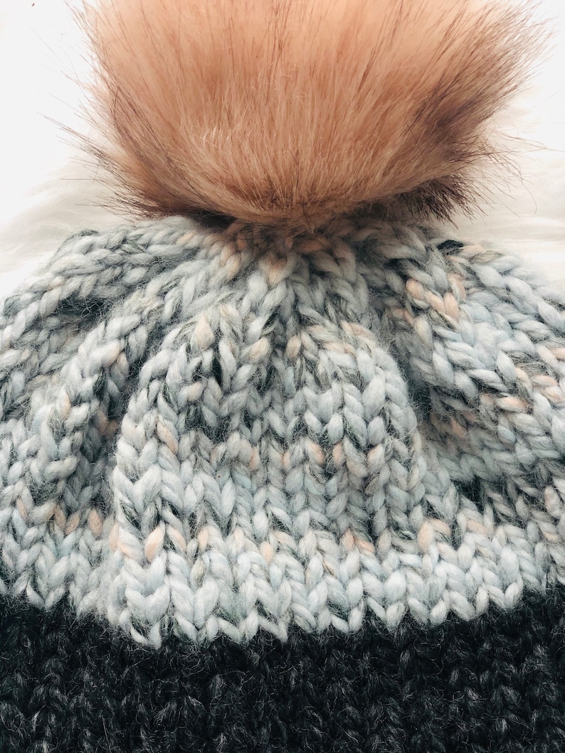 Winter Hat Hand Knit Beanie Knit Chunky Winter Hat Color Block Hand Knit Hat with Pom Hand Knit Hat Chunky Knit Hat Handmade