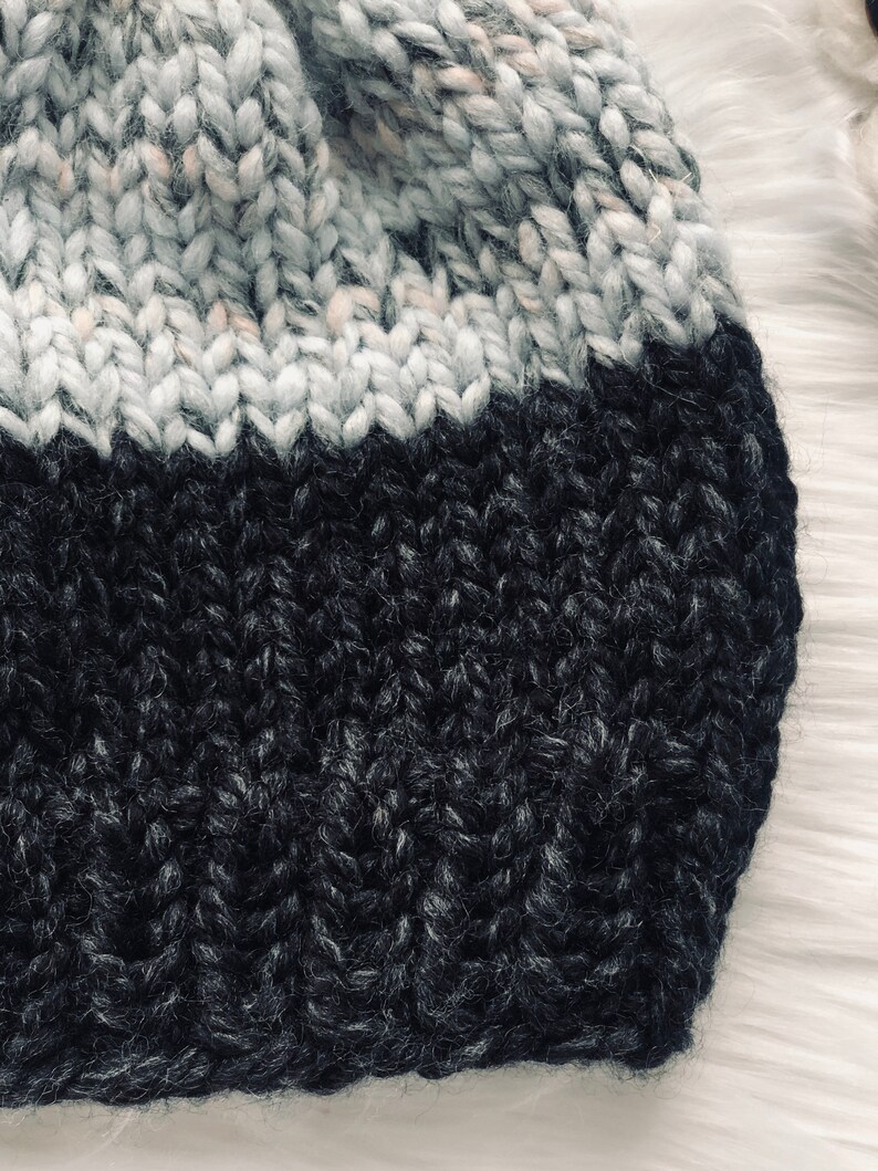 Winter Hat Hand Knit Beanie Knit Chunky Winter Hat Color Block Hand Knit Hat with Pom Hand Knit Hat Chunky Knit Hat Handmade