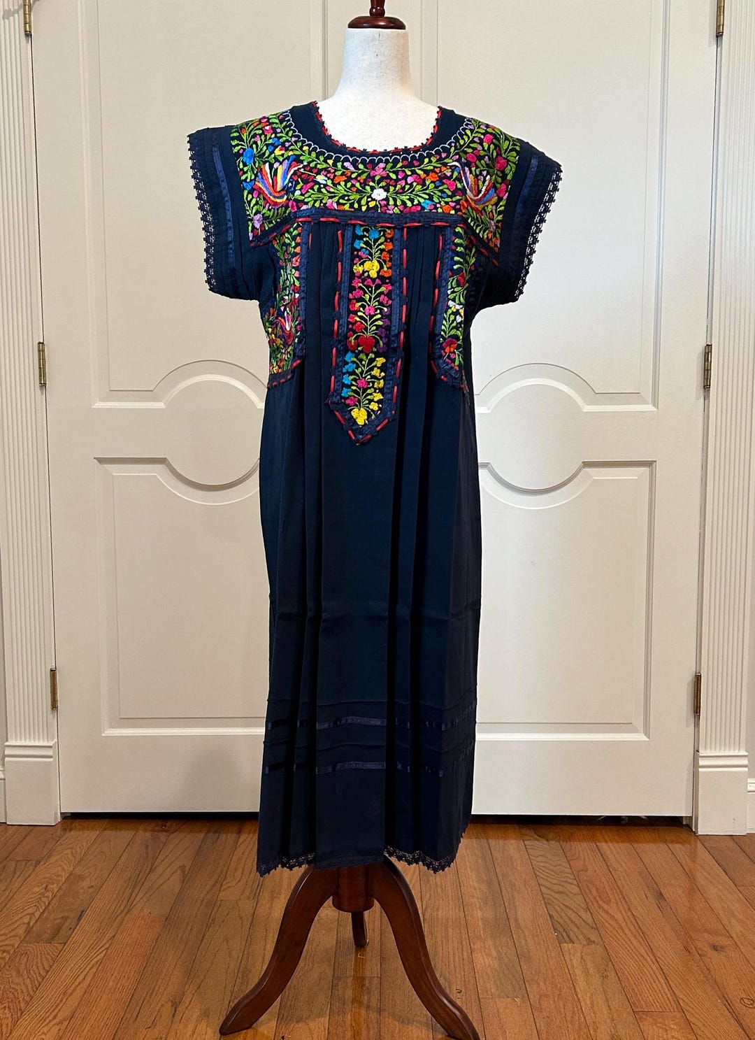 navy blue mexican dress Daniela Floral Embroidered Mexican Dress- Vestido Mexicano Bordado