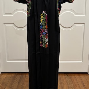 San Antonino Maxi Dress, Oaxaca Mexican dress. hand Embroidered. multicolor Silk Threads,