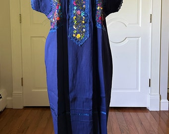 Mexican blue dress, Oaxaca dress, hand embroidery dress.